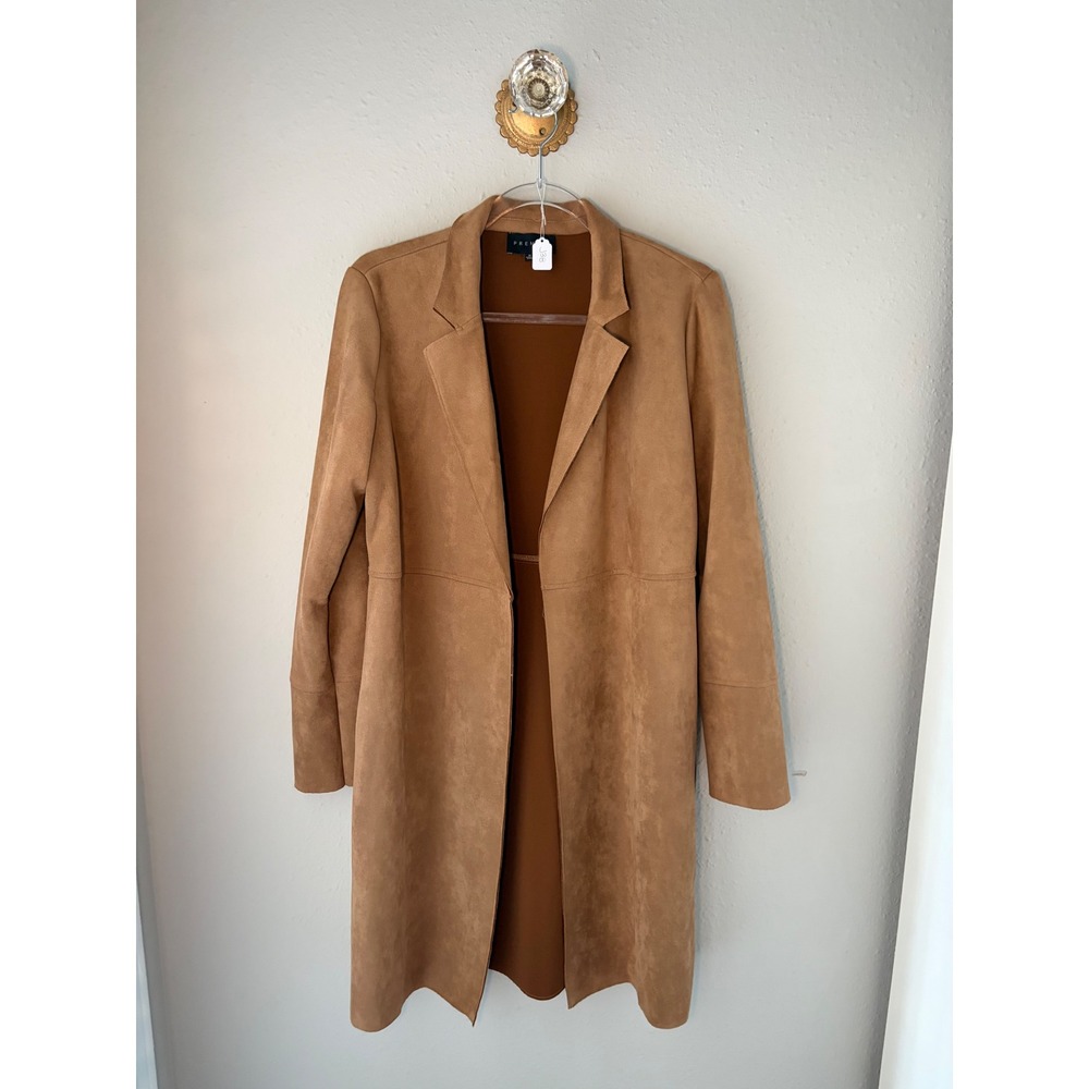 Premise Womens Faux Suede Open Front Trench Coat Duster Tan Camel Size M